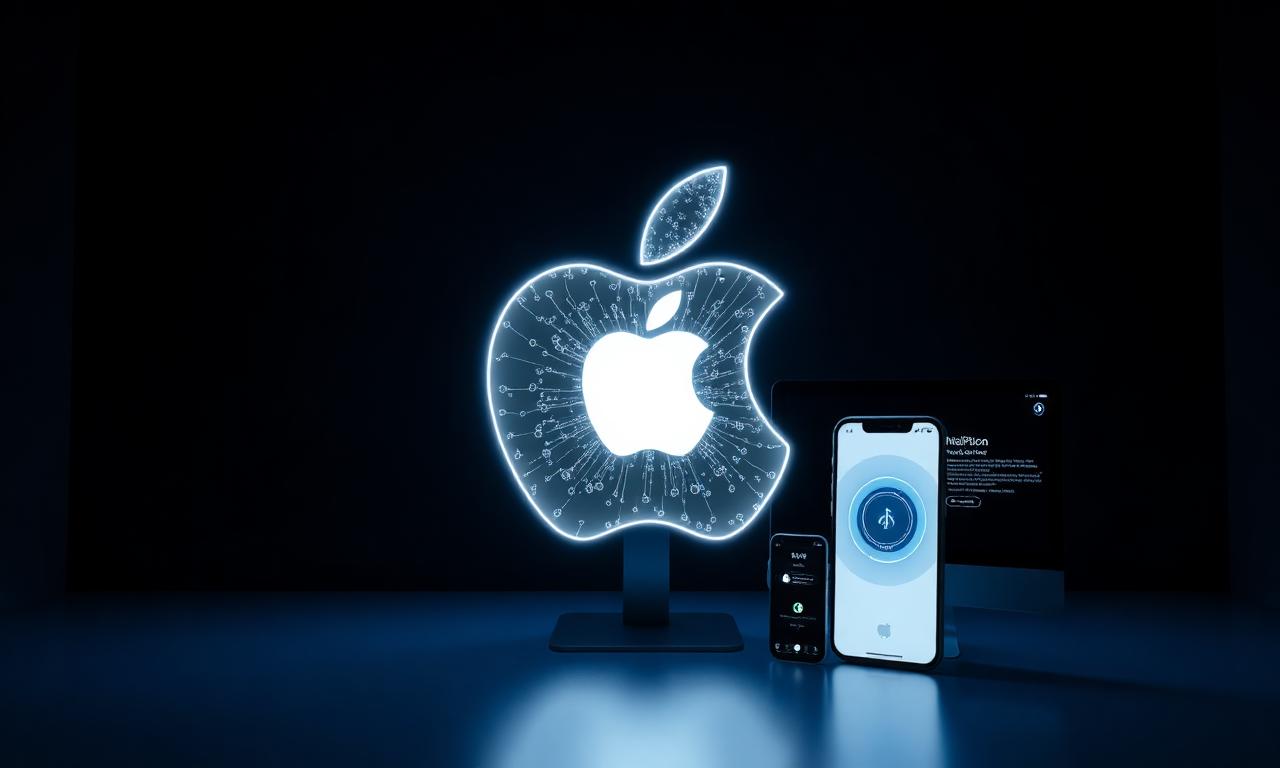 Logo Apple lumineux en réseau neuronal entouré d'un iPhone et d'un Mac affichant l'interface Apple Intelligence 2.0