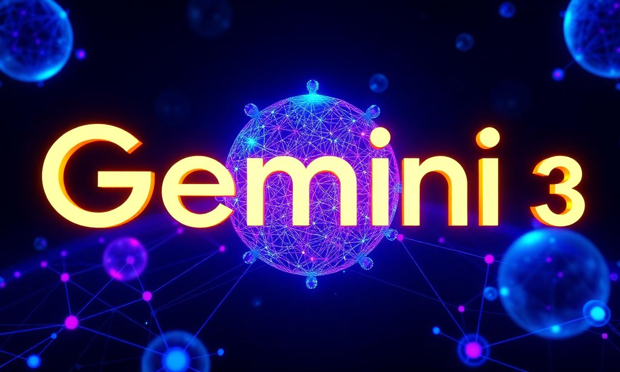 Logo Gemini 3 Ultra de Google avec orbes lumineux bleus et violets sur fond cosmique