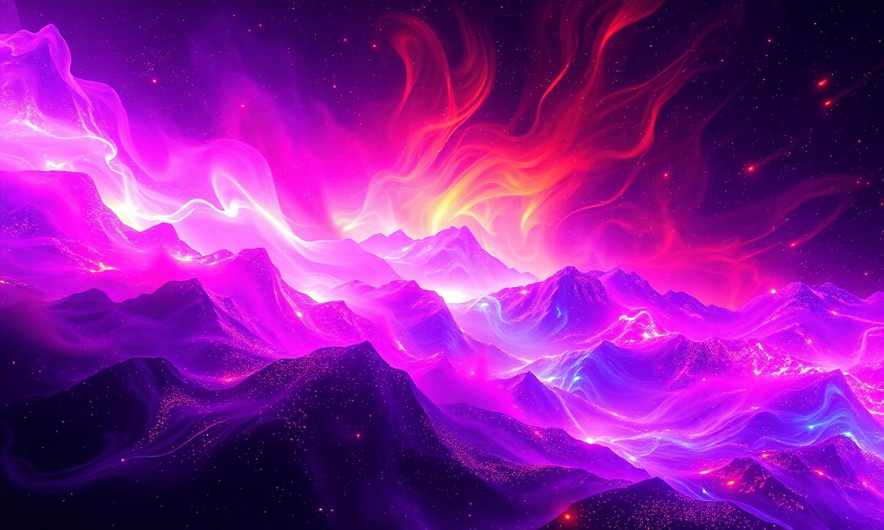 Concept artistique de Midjourney V8 : montagnes néon roses et violettes avec aurores cosmiques génératives