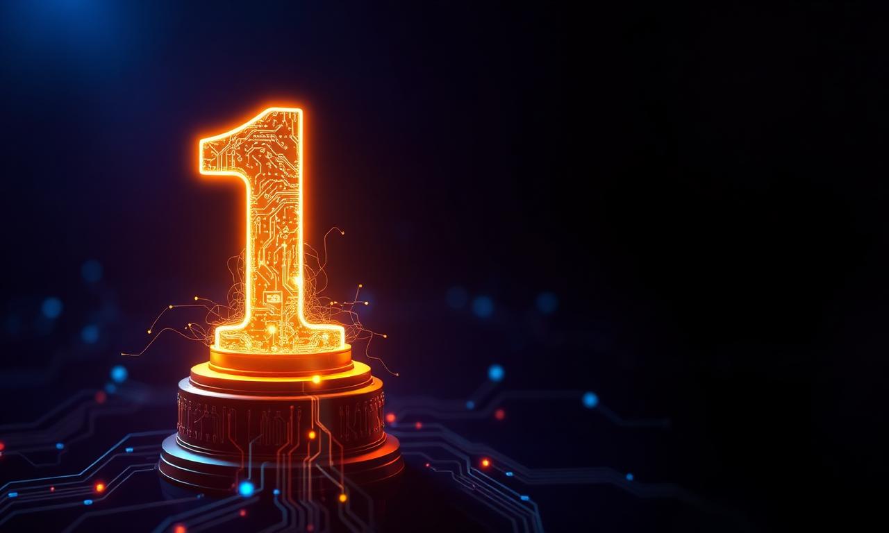 Trophée holographique numéro 1 en circuits lumineux symbolisant le meilleur outil d'IA en 2026