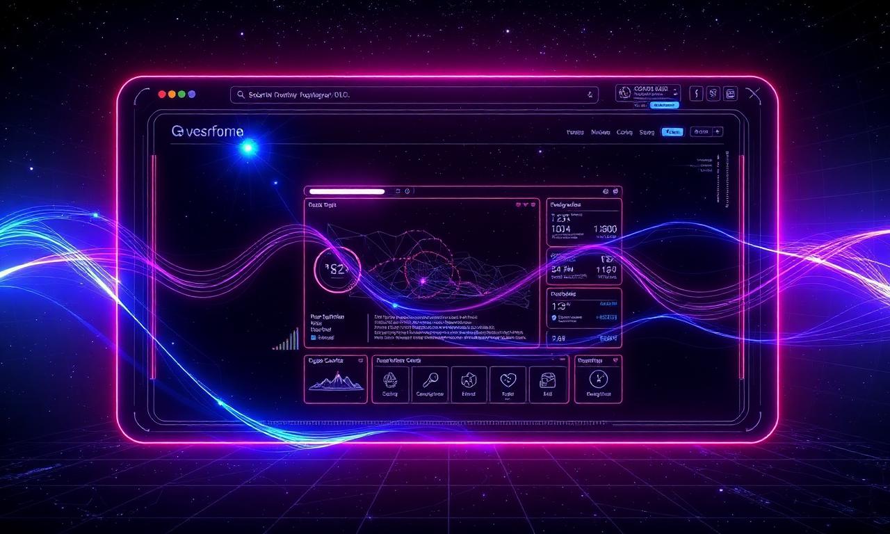 Concept d'interface du navigateur Perplexity Comet : fenêtre holographique avec traînées lumineuses bleues et violettes