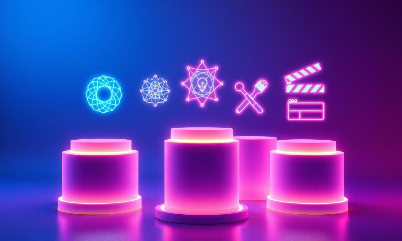 Podium des 5 meilleurs outils IA en 2026 avec icônes holographiques de chatbot, image, code, vidéo et productivité
